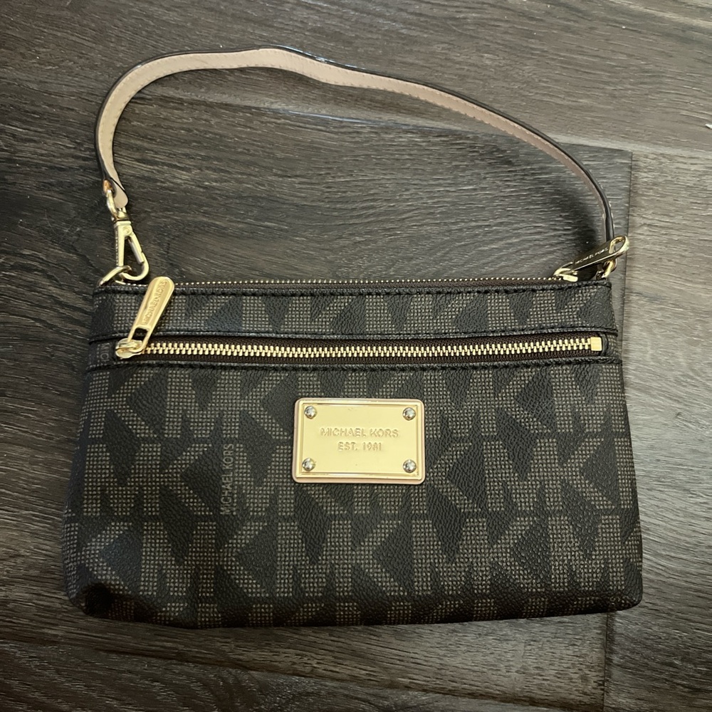 Michael Kors Brown Monogram Clutch with Gold Hardware